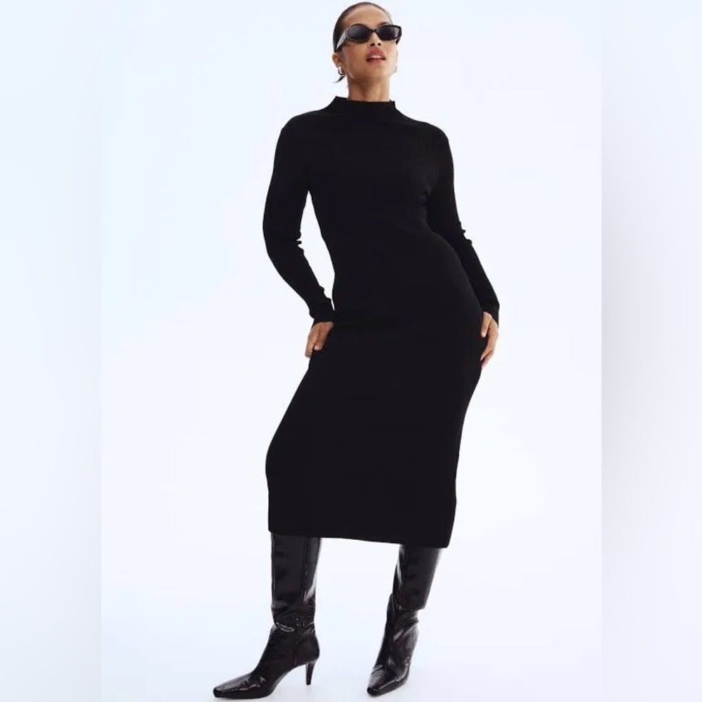 H&M Black Rib-Knit Mock Turtleneck Long Sleeve Midi Sweater Dress Size M Women’s